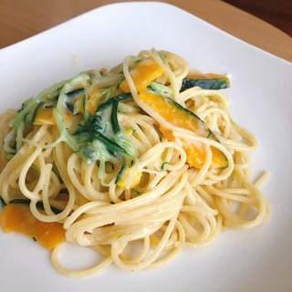 カボチャと水菜のクリームパスタ